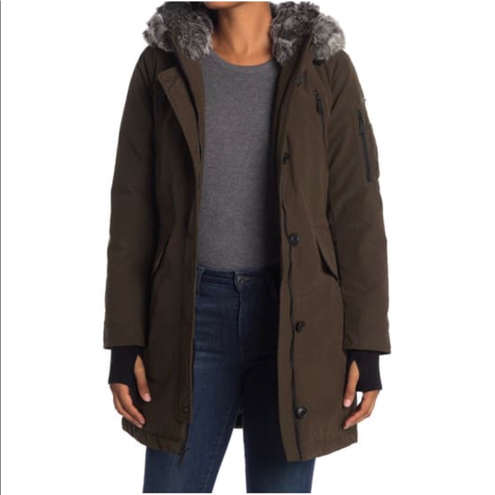 BCBG Cinched Waist Faux Fur Trim Hooded Parka